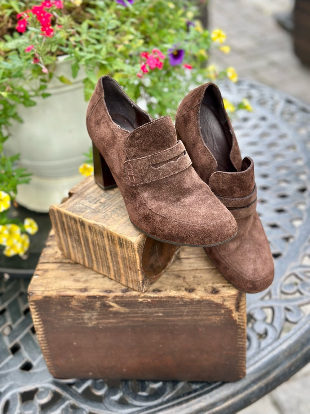 Born Brown Suede Heeled Loafers Penny Loafer Pumps 7M Comfort Shoes